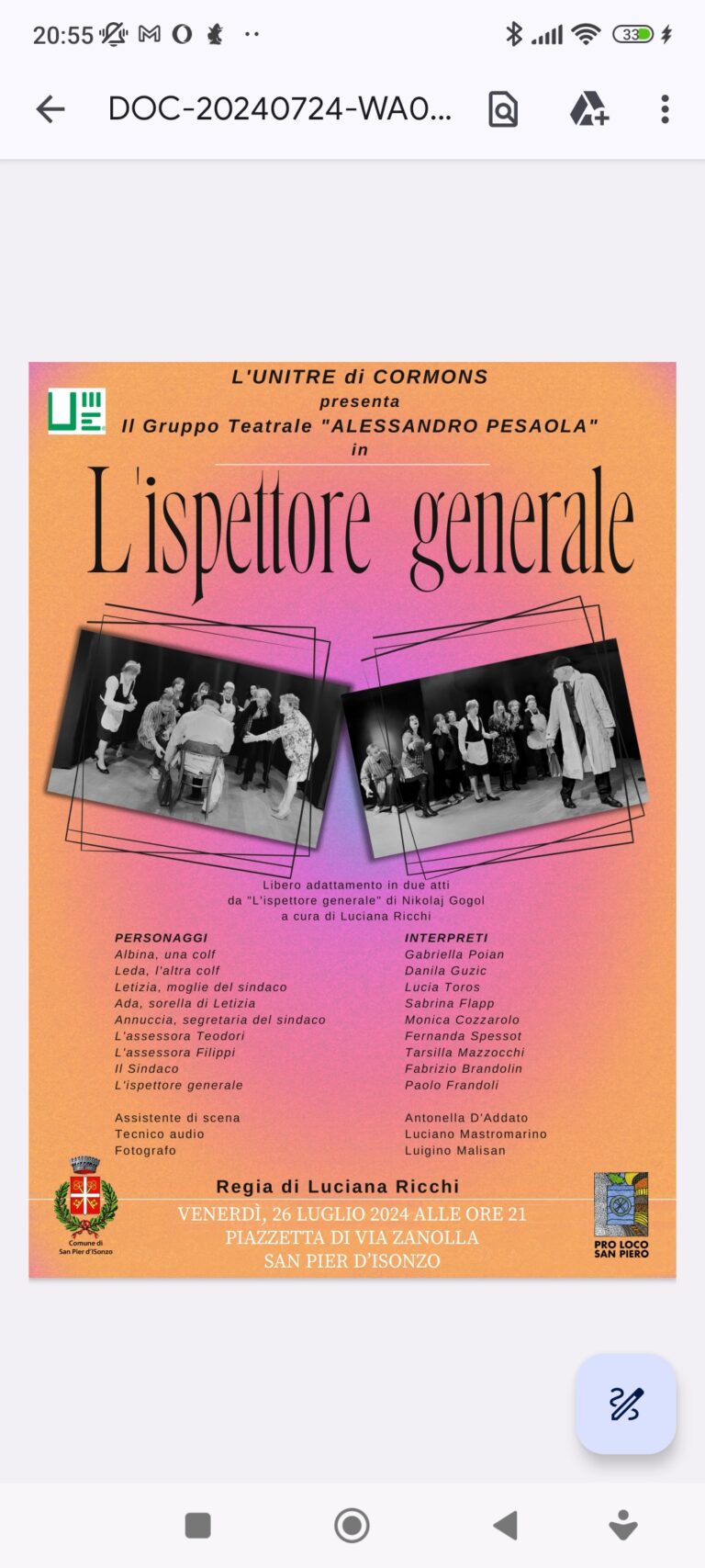 Teatro: “L’ispettore generale”  – venerdì 26/07 ore 21:00